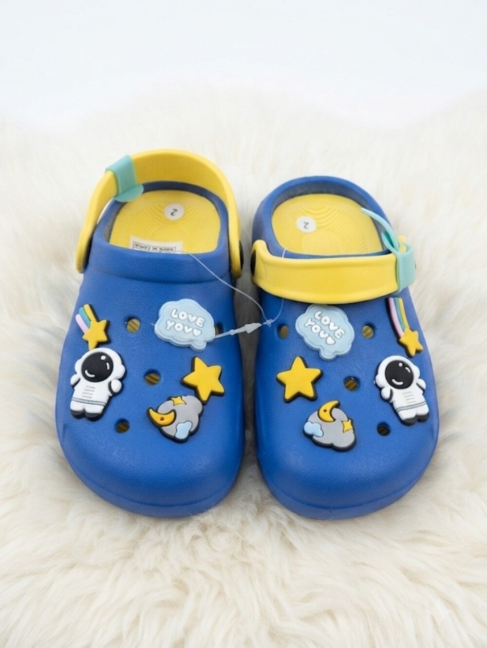 Kids Blue Clog Sandals with Yellow Strap - Space Star Design 1/2Y